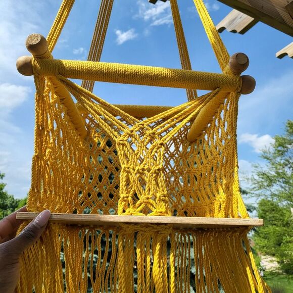 Small Macrame Crochet Cotton Yellow Plant Holder Chair Decor Earthy - Picture 4 of 10